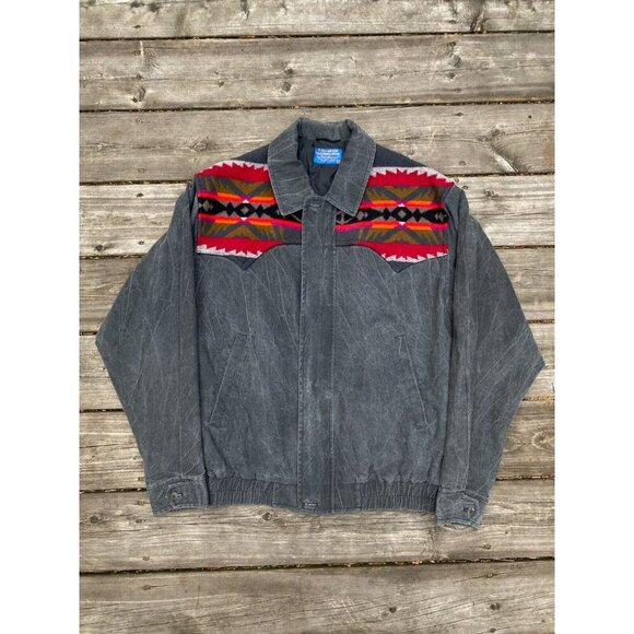 Pendleton High Grade Western Wear Cowboy Aztec Wool Denim Jacket Vintage Medium - Picture 4 of 8